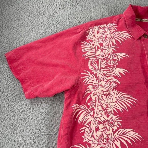 Tommy Bahama Silk Button Up Shirt Short Sleeve Hawaiian Adult Pink Palm Trees L - Picture 2 of 9